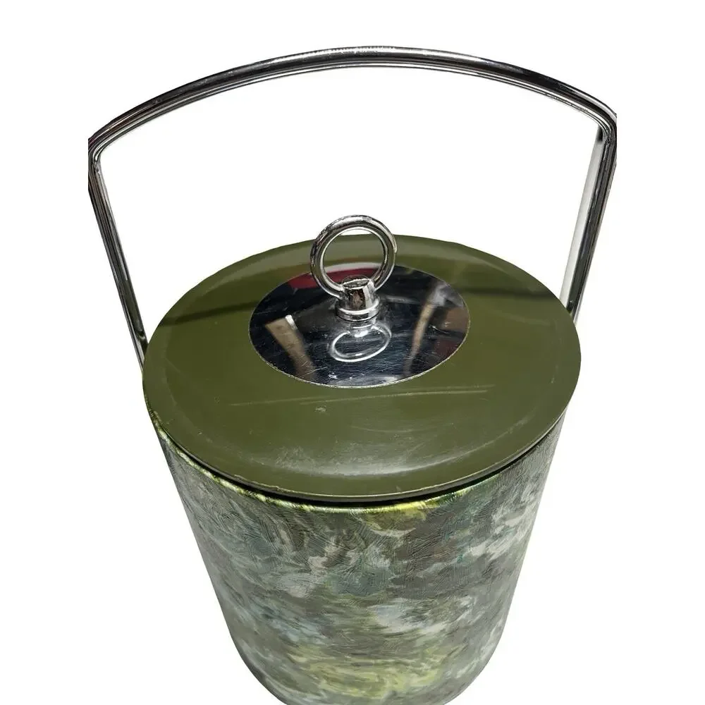 Vintage 1970's Retro Floral Green Vinyl Barware Handled Ice Bucket with Lid